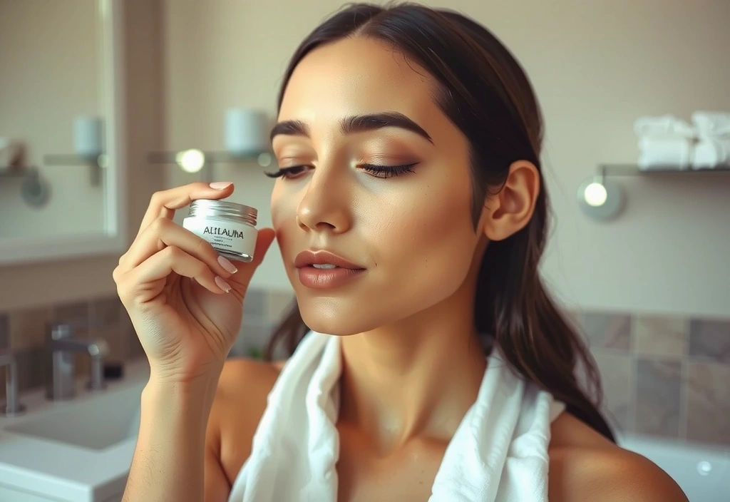 Woman applying anti-aging cream with a serene expression