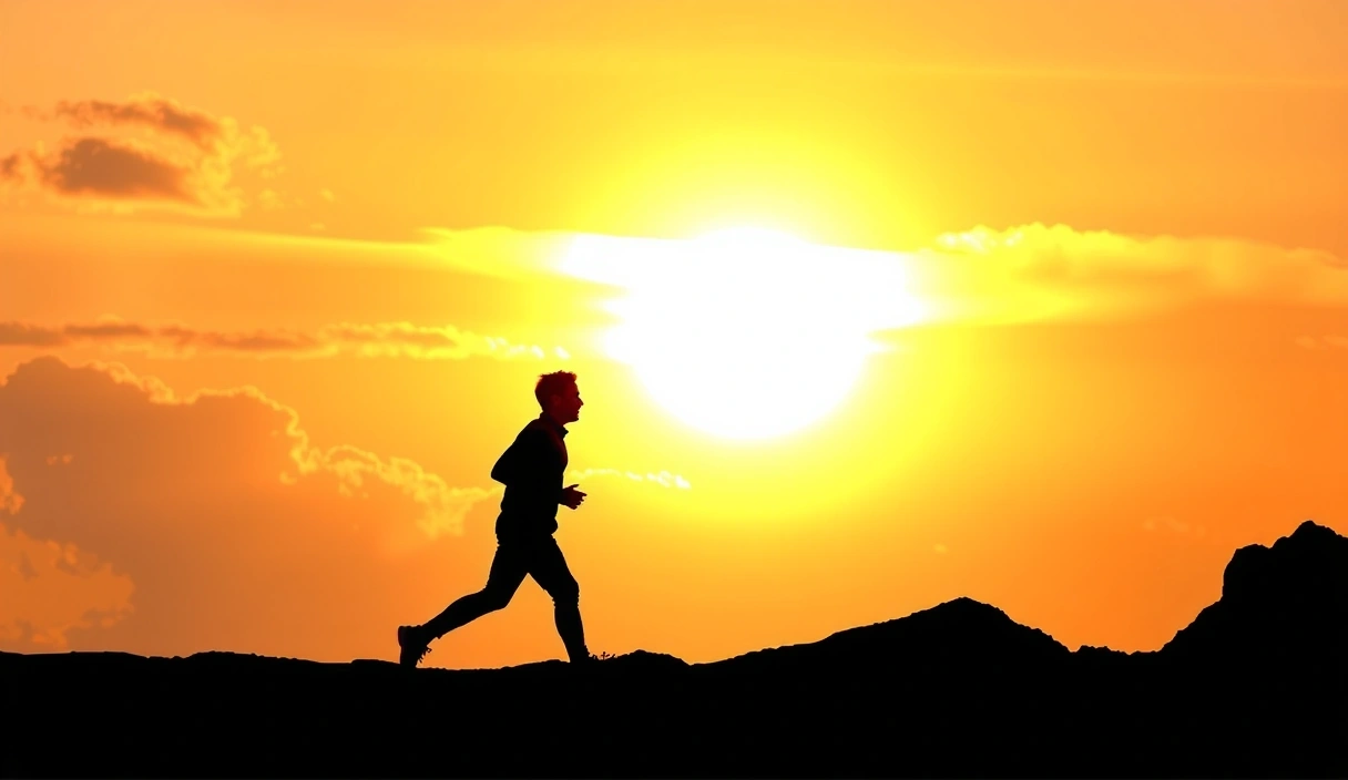 A dynamic image of a man confidently striding forward at dawn, with a bright, energetic aura, symbolizing a new beginning and sustained energy. The background is a vibrant sunrise.