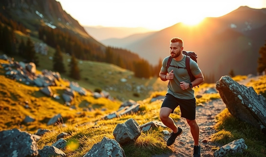 A man hiking on a mountain trail at sunrise, looking strong and energetic, symbolizing endurance and natural energy.