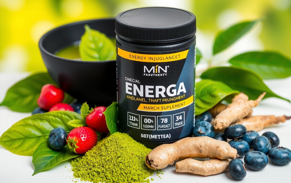 Vibrant image of natural energy-boosting ingredients like matcha green tea, fresh berries, and ginseng roots alongside sleek product packaging for men's energy supplements, conveying natural vitality and power.