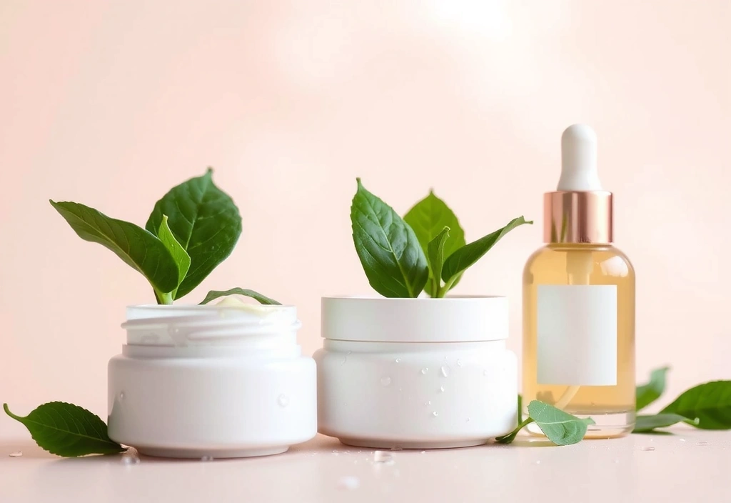 Elegant cream jars and serum bottles with water droplets, symbolizing deep hydration and rejuvenation.